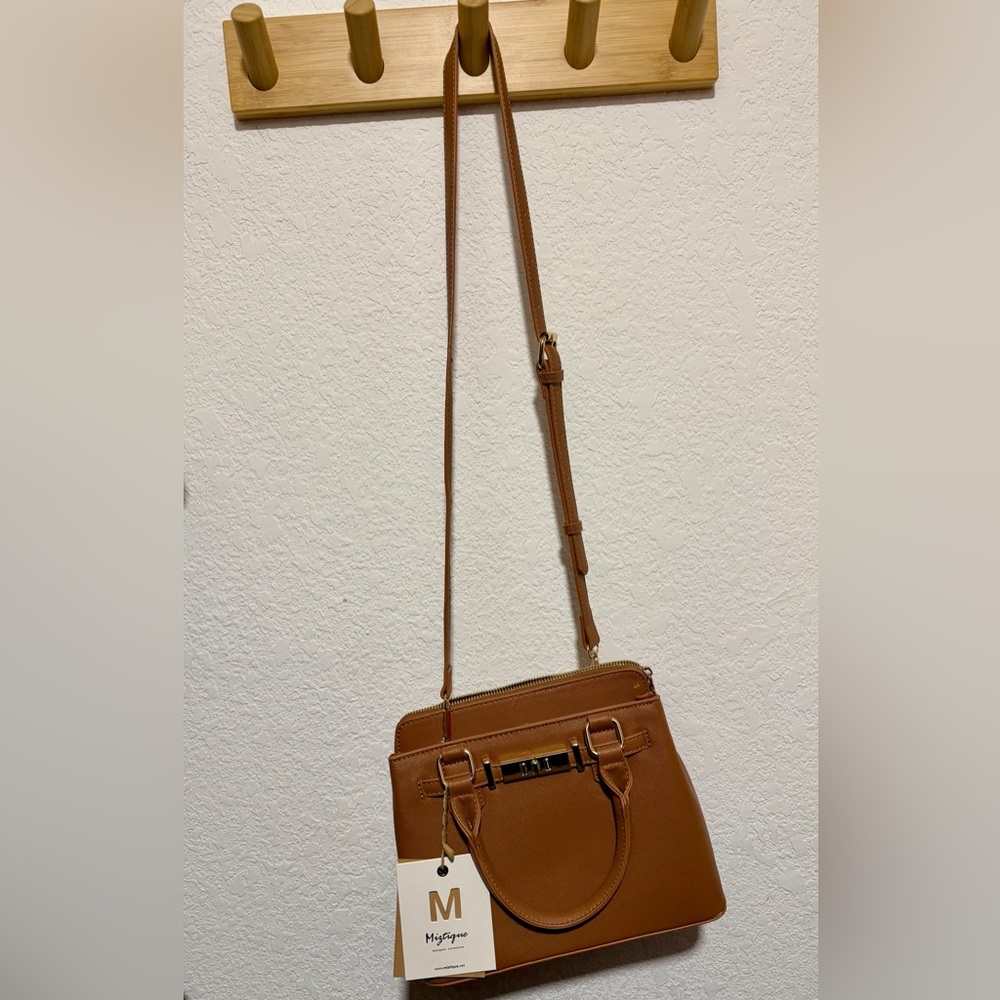 Structured Camel Crossbody Satchel with Top Handles